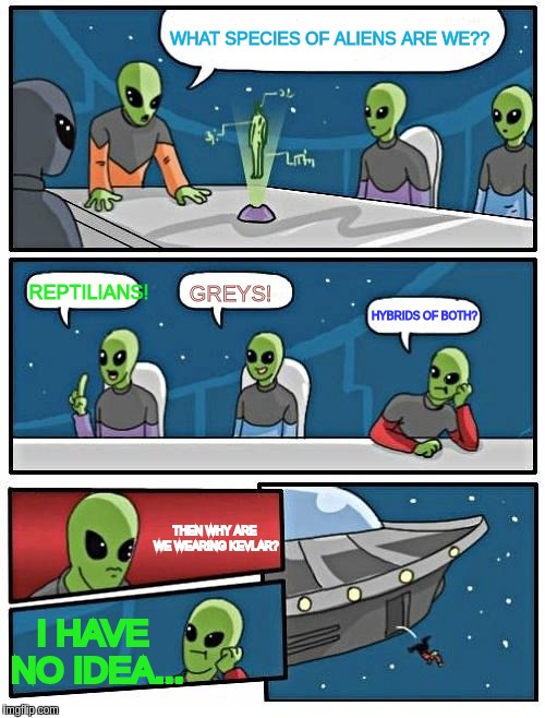 Alien Meeting Suggestion |  WHAT SPECIES OF ALIENS ARE WE?? REPTILIANS! GREYS! HYBRIDS OF BOTH? THEN WHY ARE WE WEARING KEVLAR? I HAVE NO IDEA... | image tagged in memes,alien meeting suggestion | made w/ Imgflip meme maker