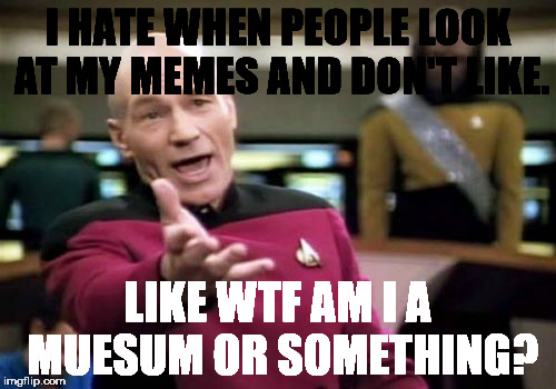 Picard Wtf Meme | I HATE WHEN PEOPLE LOOK AT MY MEMES AND DON'T LIKE. LIKE WTF AM I A MUESUM OR SOMETHING? | image tagged in memes,picard wtf | made w/ Imgflip meme maker