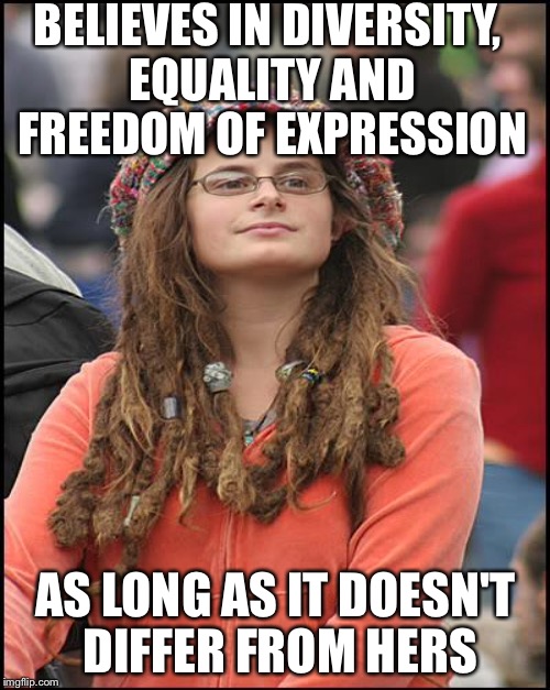 BELIEVES IN DIVERSITY, EQUALITY AND FREEDOM OF EXPRESSION AS LONG AS IT DOESN'T DIFFER FROM HERS | made w/ Imgflip meme maker