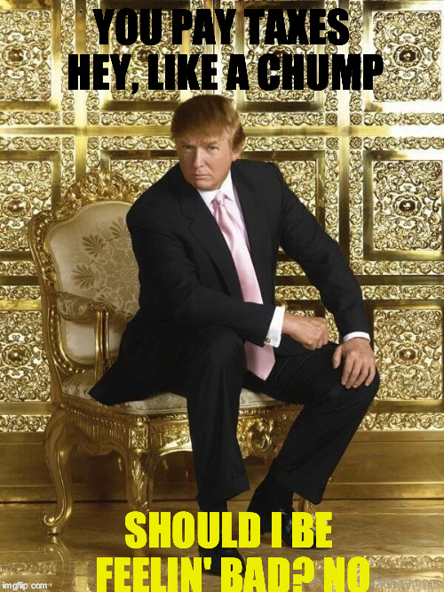 Trump on golden throne | YOU PAY TAXES HEY, LIKE A CHUMP; SHOULD I BE FEELIN' BAD? NO | image tagged in trump on golden throne | made w/ Imgflip meme maker