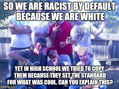 douchebag wiggers | SO WE ARE RACIST BY DEFAULT BECAUSE WE ARE WHITE; YET IN HIGH SCHOOL WE TRIED TO COPY THEM BECAUSE THEY SET THE STANDARD FOR WHAT WAS COOL. CAN YOU EXPLAIN THIS? | image tagged in douchebag wiggers | made w/ Imgflip meme maker