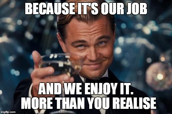 Leonardo Dicaprio Cheers Meme | BECAUSE IT'S OUR JOB AND WE ENJOY IT.  MORE THAN YOU REALISE | image tagged in memes,leonardo dicaprio cheers | made w/ Imgflip meme maker