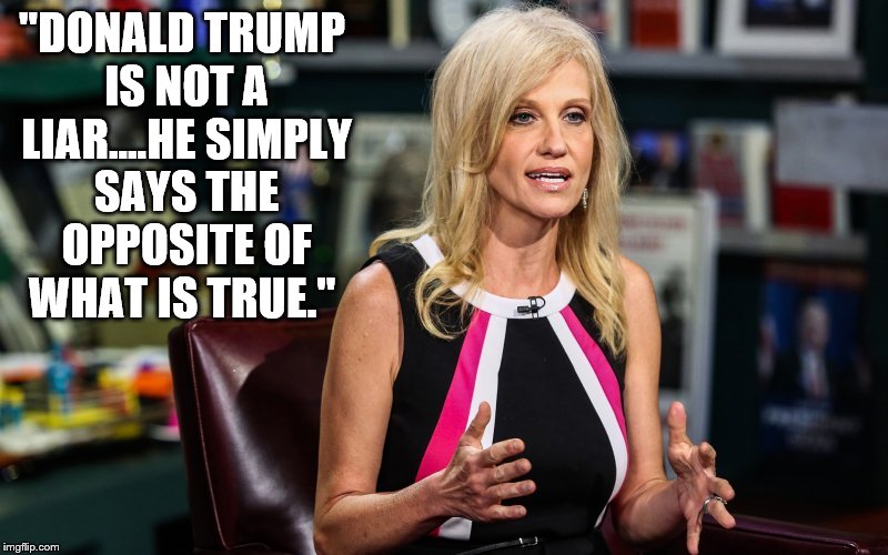 Spin Doctor Malpractice.  | "DONALD TRUMP IS NOT A LIAR....HE SIMPLY SAYS THE OPPOSITE OF WHAT IS TRUE." | image tagged in donald trump,kellyanne conway,politics,election 2016,liar,spin | made w/ Imgflip meme maker