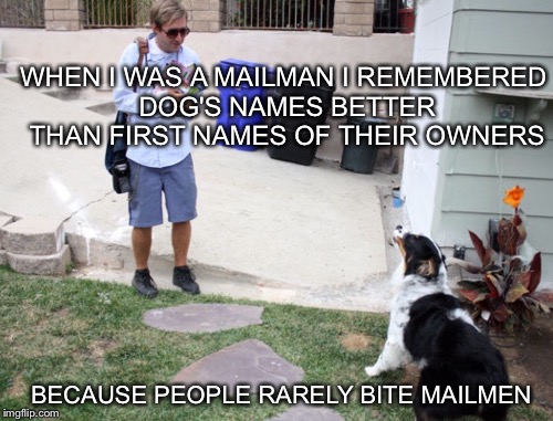 WHEN I WAS A MAILMAN I REMEMBERED DOG'S NAMES BETTER THAN FIRST NAMES OF THEIR OWNERS BECAUSE PEOPLE RARELY BITE MAILMEN | made w/ Imgflip meme maker