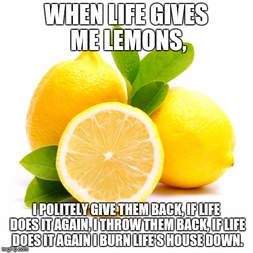 I really don't like lemons... | WHEN LIFE GIVES ME LEMONS, I POLITELY GIVE THEM BACK, IF LIFE DOES IT AGAIN, I THROW THEM BACK, IF LIFE DOES IT AGAIN I BURN LIFE'S HOUSE DOWN. | image tagged in when lif gives you lemons | made w/ Imgflip meme maker