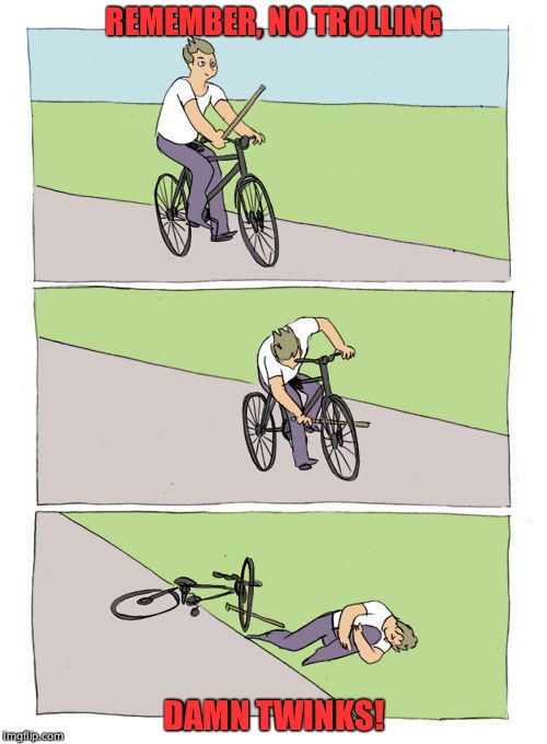 Bike Fall Meme | REMEMBER, NO TROLLING; DAMN TWINKS! | image tagged in falling off bike | made w/ Imgflip meme maker