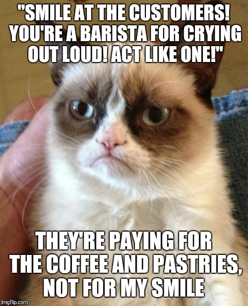 Grumpy Cat | "SMILE AT THE CUSTOMERS! YOU'RE A BARISTA FOR CRYING OUT LOUD! ACT LIKE ONE!"; THEY'RE PAYING FOR THE COFFEE AND PASTRIES, NOT FOR MY SMILE | image tagged in memes,grumpy cat | made w/ Imgflip meme maker