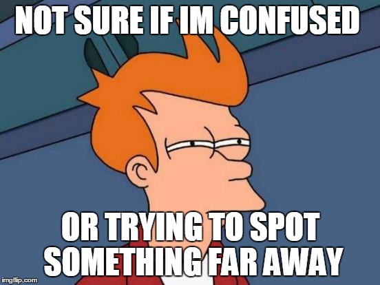 Futurama Fry | NOT SURE IF IM CONFUSED; OR TRYING TO SPOT SOMETHING FAR AWAY | image tagged in memes,futurama fry | made w/ Imgflip meme maker