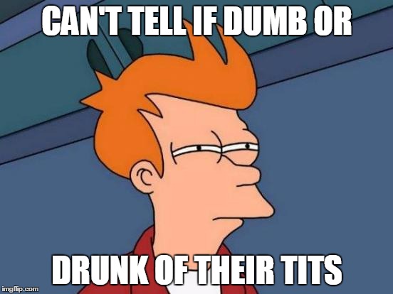 Futurama Fry | CAN'T TELL IF DUMB OR; DRUNK OF THEIR TITS | image tagged in memes,futurama fry | made w/ Imgflip meme maker