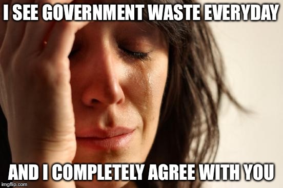 First World Problems Meme | I SEE GOVERNMENT WASTE EVERYDAY AND I COMPLETELY AGREE WITH YOU | image tagged in memes,first world problems | made w/ Imgflip meme maker