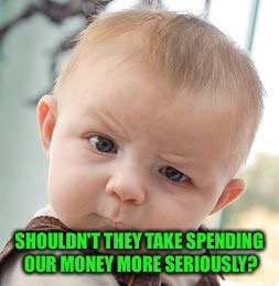 Skeptical Baby Meme | SHOULDN'T THEY TAKE SPENDING OUR MONEY MORE SERIOUSLY? | image tagged in memes,skeptical baby | made w/ Imgflip meme maker