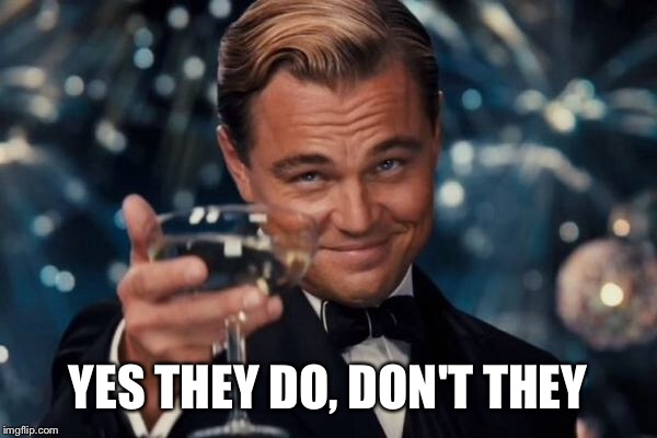 Leonardo Dicaprio Cheers Meme | YES THEY DO, DON'T THEY | image tagged in memes,leonardo dicaprio cheers | made w/ Imgflip meme maker