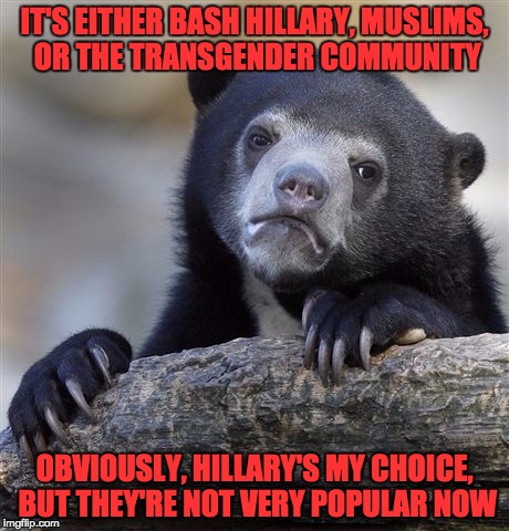 Confession Bear Meme | IT'S EITHER BASH HILLARY, MUSLIMS, OR THE TRANSGENDER COMMUNITY OBVIOUSLY, HILLARY'S MY CHOICE, BUT THEY'RE NOT VERY POPULAR NOW | image tagged in memes,confession bear | made w/ Imgflip meme maker