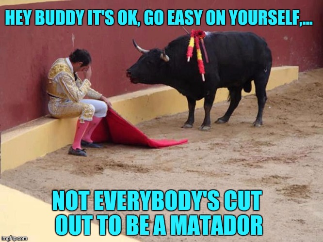 Talking bull... | HEY BUDDY IT'S OK, GO EASY ON YOURSELF,... NOT EVERYBODY'S CUT OUT TO BE A MATADOR | image tagged in sewmyeyesshut,funny memes,matador,talking bull | made w/ Imgflip meme maker