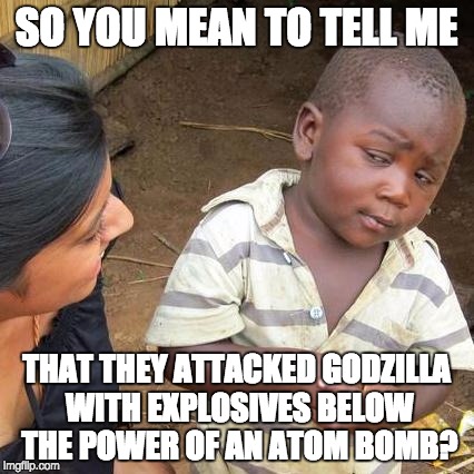 Third World Skeptical Kid Meme | SO YOU MEAN TO TELL ME; THAT THEY ATTACKED GODZILLA WITH EXPLOSIVES BELOW THE POWER OF AN ATOM BOMB? | image tagged in memes,third world skeptical kid | made w/ Imgflip meme maker