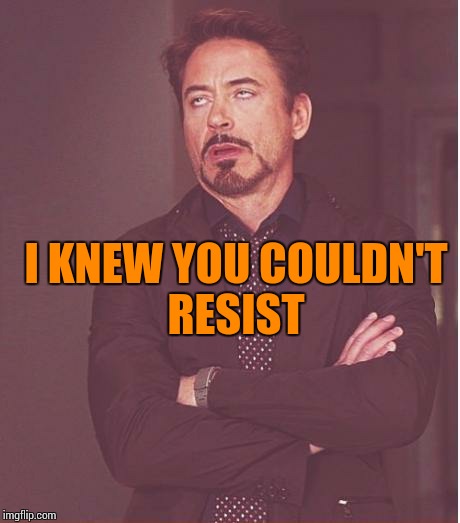 Face You Make Robert Downey Jr Meme | I KNEW YOU COULDN'T RESIST | image tagged in memes,face you make robert downey jr | made w/ Imgflip meme maker