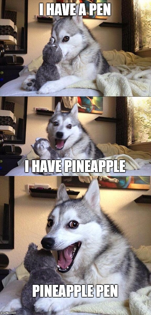 Bad Pun Dog Meme | I HAVE A PEN; I HAVE PINEAPPLE; PINEAPPLE PEN | image tagged in memes,bad pun dog | made w/ Imgflip meme maker
