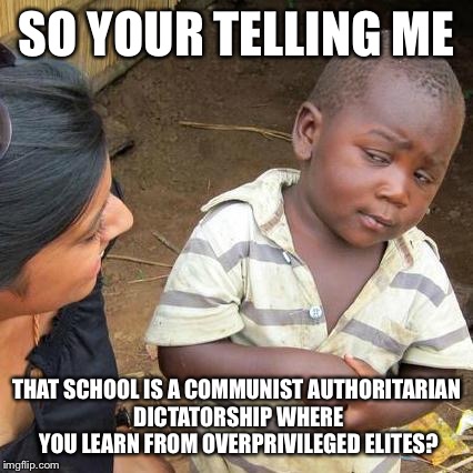 Third World Skeptical Kid Meme | SO YOUR TELLING ME; THAT SCHOOL IS A COMMUNIST AUTHORITARIAN DICTATORSHIP WHERE YOU LEARN FROM OVERPRIVILEGED ELITES? | image tagged in memes,third world skeptical kid | made w/ Imgflip meme maker