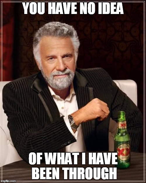 The Most Interesting Man In The World | YOU HAVE NO IDEA; OF WHAT I HAVE BEEN THROUGH | image tagged in memes,the most interesting man in the world | made w/ Imgflip meme maker