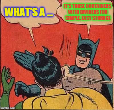 Batman Slapping Robin Meme | WHAT'S A ... IT'S THOSE CONTAINERS WITH DIVIDERS FOR SIMPLE, EASY STORAGE | image tagged in memes,batman slapping robin | made w/ Imgflip meme maker