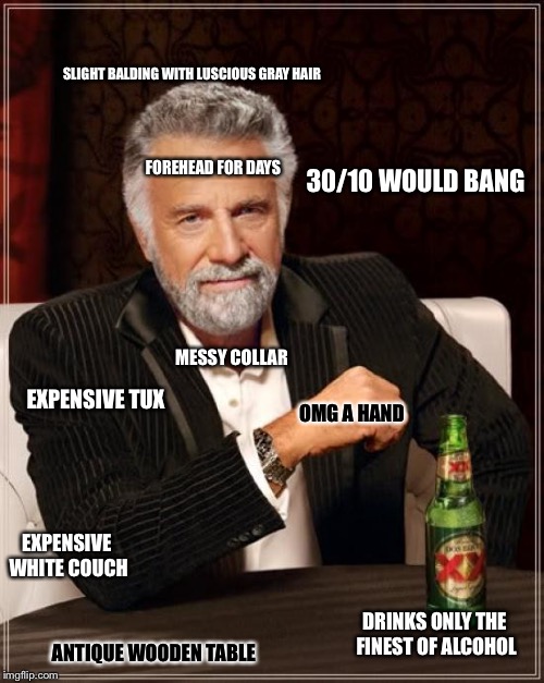 Scrutinous scruitiny scrutinized |  SLIGHT BALDING WITH LUSCIOUS GRAY HAIR; 30/10 WOULD BANG; FOREHEAD FOR DAYS; MESSY COLLAR; EXPENSIVE TUX; OMG A HAND; EXPENSIVE WHITE COUCH; DRINKS ONLY THE FINEST OF ALCOHOL; ANTIQUE WOODEN TABLE | image tagged in memes,the most interesting man in the world | made w/ Imgflip meme maker