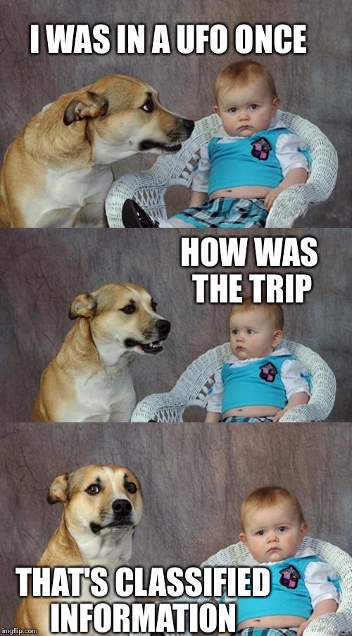 Dad Joke Dog | I WAS IN A UFO ONCE; HOW WAS THE TRIP; THAT'S CLASSIFIED INFORMATION | image tagged in memes,dad joke dog,ufo,area 51,aliens,alien abduction | made w/ Imgflip meme maker