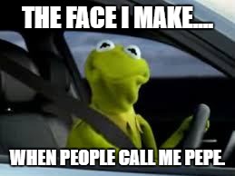Kermit Driving | THE FACE I MAKE.... WHEN PEOPLE CALL ME PEPE. | image tagged in kermit driving | made w/ Imgflip meme maker