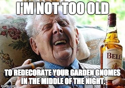 old man drinking and smoking | I'M NOT TOO OLD; TO REDECORATE YOUR GARDEN GNOMES IN THE MIDDLE OF THE NIGHT. | image tagged in old man drinking and smoking | made w/ Imgflip meme maker
