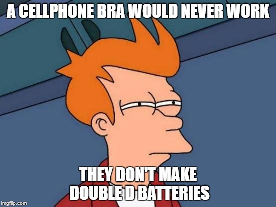 Futurama Fry | A CELLPHONE BRA WOULD NEVER WORK; THEY DON'T MAKE DOUBLE D BATTERIES | image tagged in memes,futurama fry | made w/ Imgflip meme maker