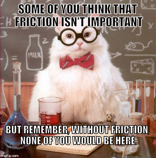 Something my physics professor used to say.... | SOME OF YOU THINK THAT FRICTION ISN'T IMPORTANT; BUT REMEMBER, WITHOUT FRICTION, NONE OF YOU WOULD BE HERE. | image tagged in science cat,friction,sex,drugs,rock and roll | made w/ Imgflip meme maker