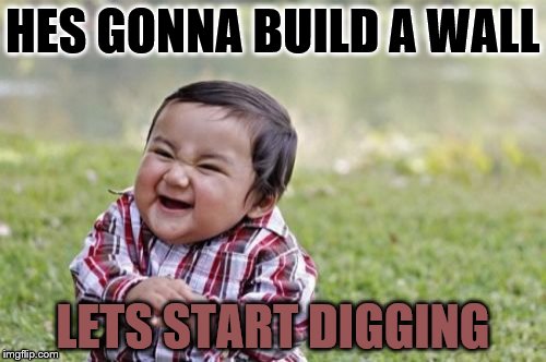 Evil Toddler | HES GONNA BUILD A WALL; LETS START DIGGING | image tagged in memes,evil toddler | made w/ Imgflip meme maker