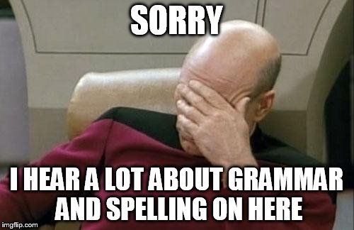 Captain Picard Facepalm Meme | SORRY I HEAR A LOT ABOUT GRAMMAR AND SPELLING ON HERE | image tagged in memes,captain picard facepalm | made w/ Imgflip meme maker