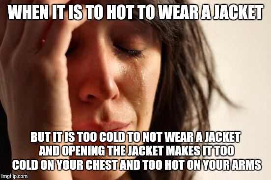 Life in norway... | WHEN IT IS TO HOT TO WEAR A JACKET; BUT IT IS TOO COLD TO NOT WEAR A JACKET AND OPENING THE JACKET MAKES IT TOO COLD ON YOUR CHEST AND TOO HOT ON YOUR ARMS | image tagged in memes,first world problems,funny memes,jacket problems,scandinavian problems | made w/ Imgflip meme maker