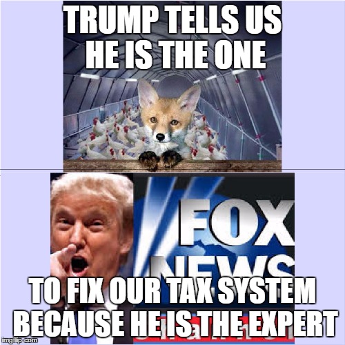 TRUMP TELLS US HE IS THE ONE; TO FIX OUR TAX SYSTEM BECAUSE HE IS THE EXPERT | image tagged in fox | made w/ Imgflip meme maker