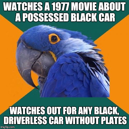 The Car | WATCHES A 1977 MOVIE ABOUT A POSSESSED BLACK CAR; WATCHES OUT FOR ANY BLACK, DRIVERLESS CAR WITHOUT PLATES | image tagged in memes,paranoid parrot | made w/ Imgflip meme maker