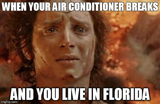 Florida Burns Us! | WHEN YOUR AIR CONDITIONER BREAKS; AND YOU LIVE IN FLORIDA | image tagged in frodo in mt doom | made w/ Imgflip meme maker