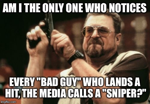 Am I The Only One Around Here Meme | AM I THE ONLY ONE WHO NOTICES; EVERY "BAD GUY" WHO LANDS A HIT, THE MEDIA CALLS A "SNIPER?" | image tagged in memes,am i the only one around here | made w/ Imgflip meme maker