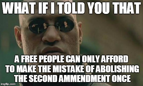 The 2nd ammendment is a doomsday provision; designed only for those rare circumstances when all other rights have failed | WHAT IF I TOLD YOU THAT; A FREE PEOPLE CAN ONLY AFFORD TO MAKE THE MISTAKE OF ABOLISHING THE SECOND AMMENDMENT ONCE | image tagged in memes,matrix morpheus | made w/ Imgflip meme maker