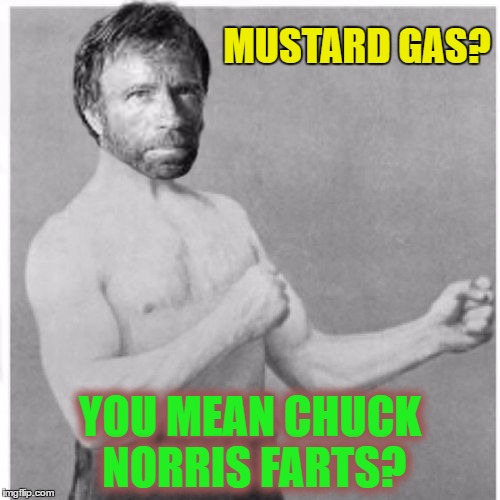 Overly Manly Chuck Norris | MUSTARD GAS? YOU MEAN CHUCK NORRIS FARTS? | image tagged in overly manly chuck norris,memes | made w/ Imgflip meme maker