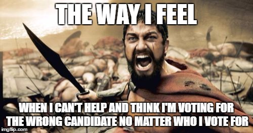Sparta Leonidas Meme | THE WAY I FEEL WHEN I CAN'T HELP AND THINK I'M VOTING FOR THE WRONG CANDIDATE NO MATTER WHO I VOTE FOR | image tagged in memes,sparta leonidas | made w/ Imgflip meme maker