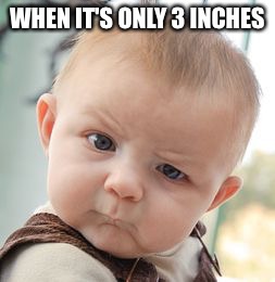 Skeptical Baby |  WHEN IT'S ONLY 3 INCHES | image tagged in memes,skeptical baby | made w/ Imgflip meme maker