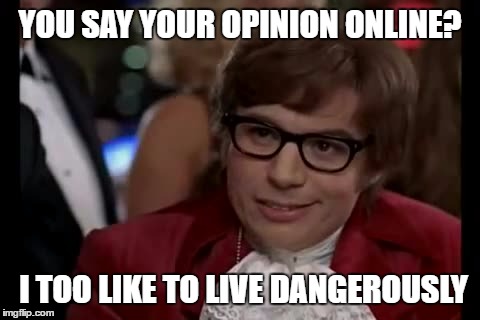 I Too Like To Live Dangerously | YOU SAY YOUR OPINION ONLINE? I TOO LIKE TO LIVE DANGEROUSLY | image tagged in memes,i too like to live dangerously | made w/ Imgflip meme maker