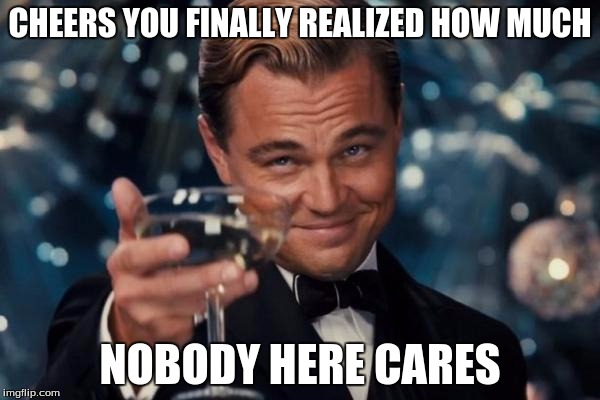 Leonardo Dicaprio Cheers | CHEERS YOU FINALLY REALIZED HOW MUCH; NOBODY HERE CARES | image tagged in memes,leonardo dicaprio cheers | made w/ Imgflip meme maker