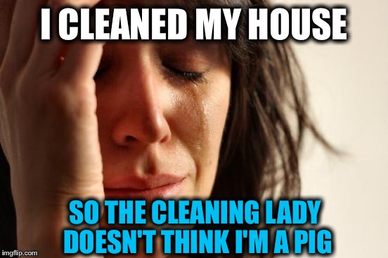 First World Problems | I CLEANED MY HOUSE; SO THE CLEANING LADY DOESN'T THINK I'M A PIG | image tagged in memes,first world problems | made w/ Imgflip meme maker