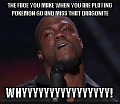 Kevin Hart | THE FACE YOU MAKE WHEN YOU ARE PLAYING POKEMON GO AND MISS THAT DRAGONITE; WHYYYYYYYYYYYYYYYY! | image tagged in kevin hart | made w/ Imgflip meme maker