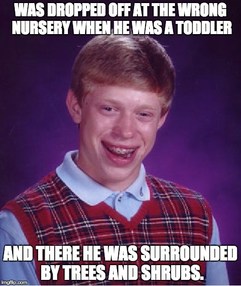 Bad Luck Brian Meme | WAS DROPPED OFF AT THE WRONG NURSERY WHEN HE WAS A TODDLER; AND THERE HE WAS SURROUNDED BY TREES AND SHRUBS. | image tagged in memes,bad luck brian | made w/ Imgflip meme maker