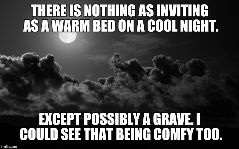 THERE IS NOTHING AS INVITING AS A WARM BED ON A COOL NIGHT. EXCEPT POSSIBLY A GRAVE. I COULD SEE THAT BEING COMFY TOO. | image tagged in night moon | made w/ Imgflip meme maker