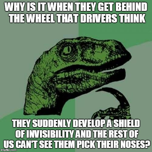 and suddenly they're miners digging for gold | WHY IS IT WHEN THEY GET BEHIND THE WHEEL THAT DRIVERS THINK; THEY SUDDENLY DEVELOP A SHIELD OF INVISIBILITY AND THE REST OF US CAN'T SEE THEM PICK THEIR NOSES? | image tagged in memes,philosoraptor | made w/ Imgflip meme maker
