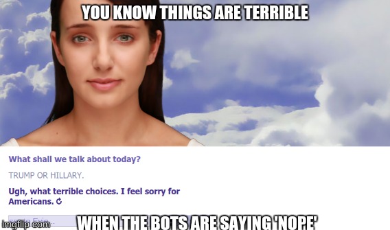 When the Eviebot has the good roasts | YOU KNOW THINGS ARE TERRIBLE; WHEN THE BOTS ARE SAYING 'NOPE' | image tagged in eviebot,memes,trump or hillary | made w/ Imgflip meme maker