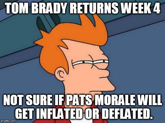 Futurama Fry Meme | TOM BRADY RETURNS WEEK 4; NOT SURE IF PATS MORALE WILL GET INFLATED OR DEFLATED. | image tagged in memes,futurama fry | made w/ Imgflip meme maker